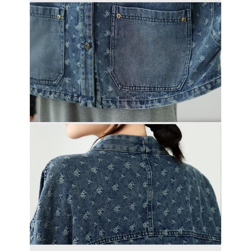 DIMANAF 2026 Herbst Winter Jeansjacken Mantel Print Floral Blau Lässig Langarm Damen Übergröße Locker Knöpfe Taschen Vintage Oberbekleidung