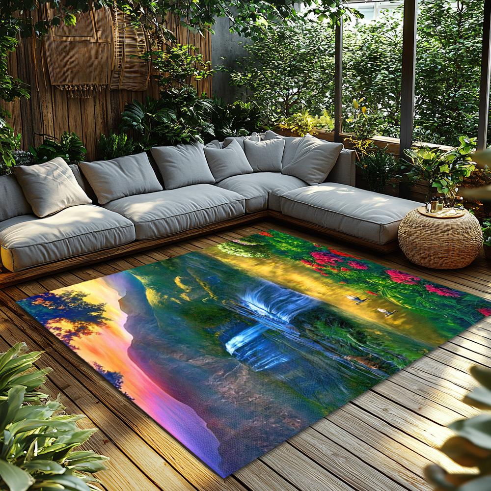 Nature Waterfall Landscape Rug, Bohemian Home Decor Carpet for Living Room, Soft Non-Slip Sofa Mat with Floral Design