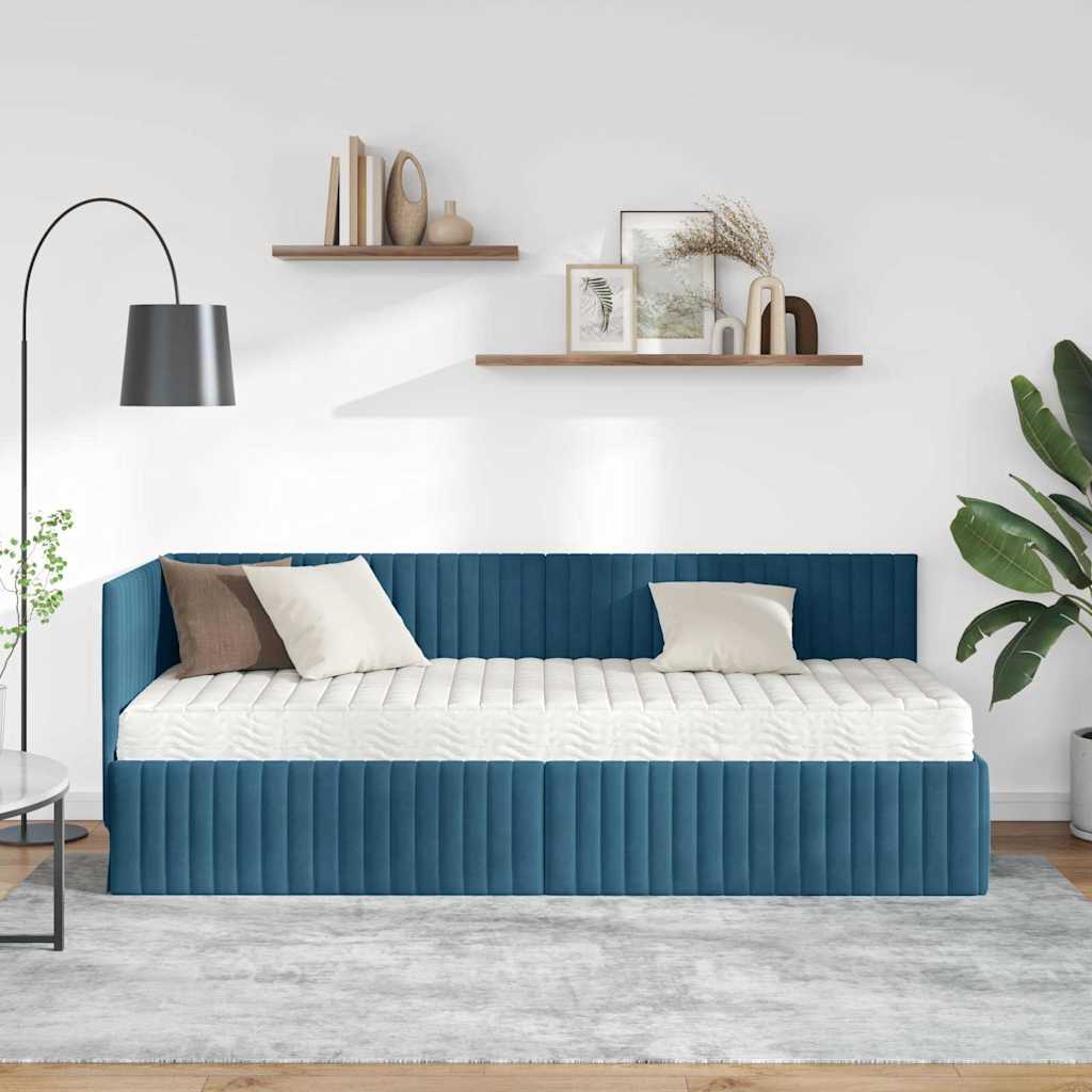 Corner Bed Frame with Mattress and Headboard 2 Pcs Blue Velvet