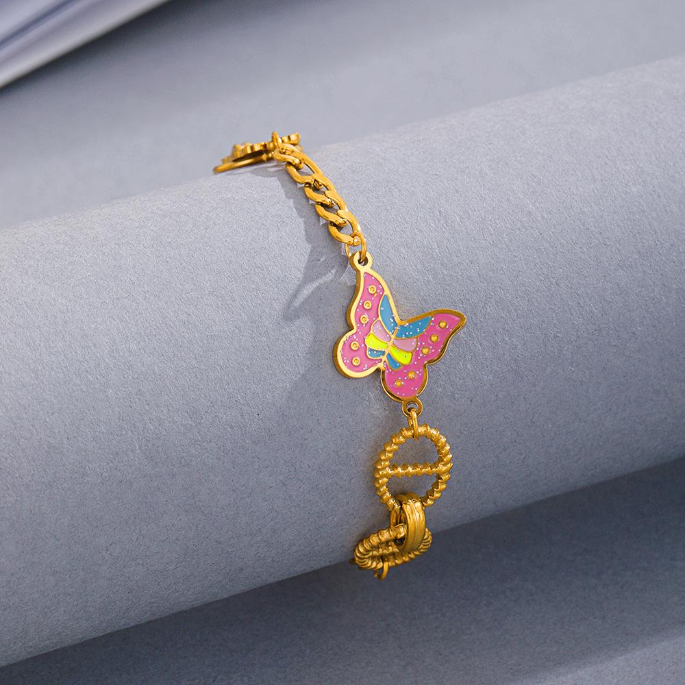 Cross-border explosion pink oil drop butterfly bracelet ins niche design high-end 18K gold stainless steel bracelet