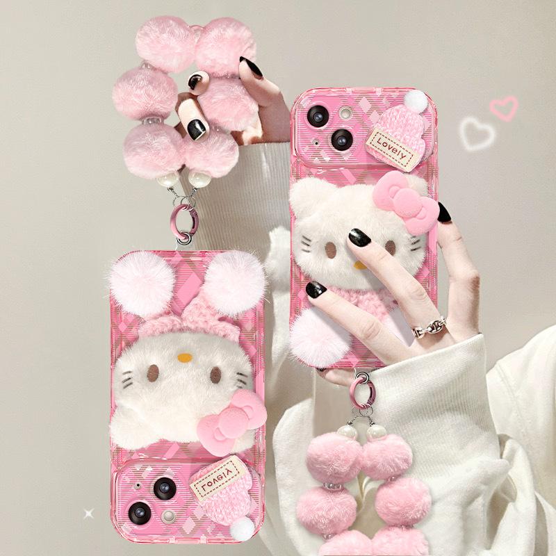Plush kt cat bracelet is suitable for Apple 16pro mobile phone case 15 flip mirror 14 cute anti-drop 13/17 silicone.