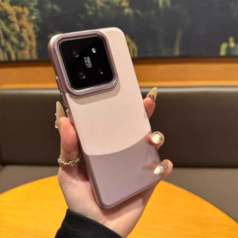 Luxury Double Color Plain Leather Matte Phone Case for Xiaomi 15 14 13 Pro Metal Lens Protection Splice Hybrid Shockproof Cover