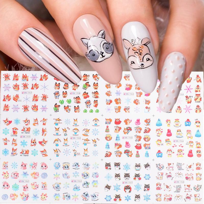 2 SheetS Winter Nail Art Designs 3D Cute Sticker Cartoon Christmas Slider New Year Holiday Decal Manicure Decorations