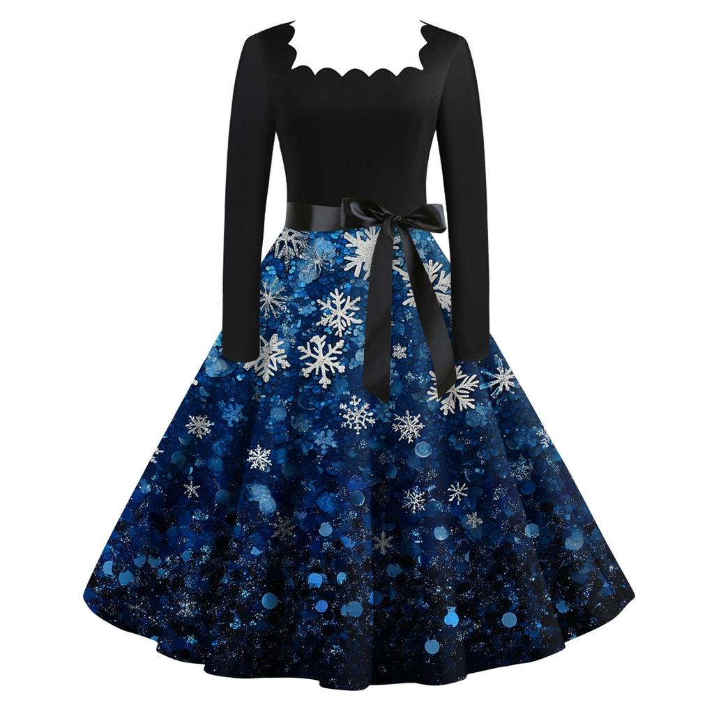 Dámské vánoční šaty s potiskem, čtvercovým výstřihem a velkým lemem, šaty s dlouhým rukávem