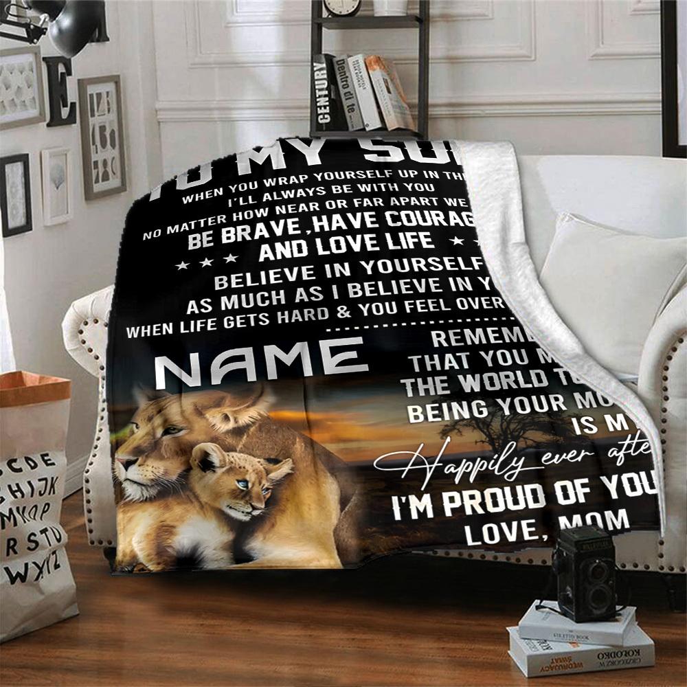 Lion Mom And Cub With Loving Message To Son Multipurpose Personalized Blanket Customize Your Name Warmthful Decor Perfect For Sofa Couch Office Bed
