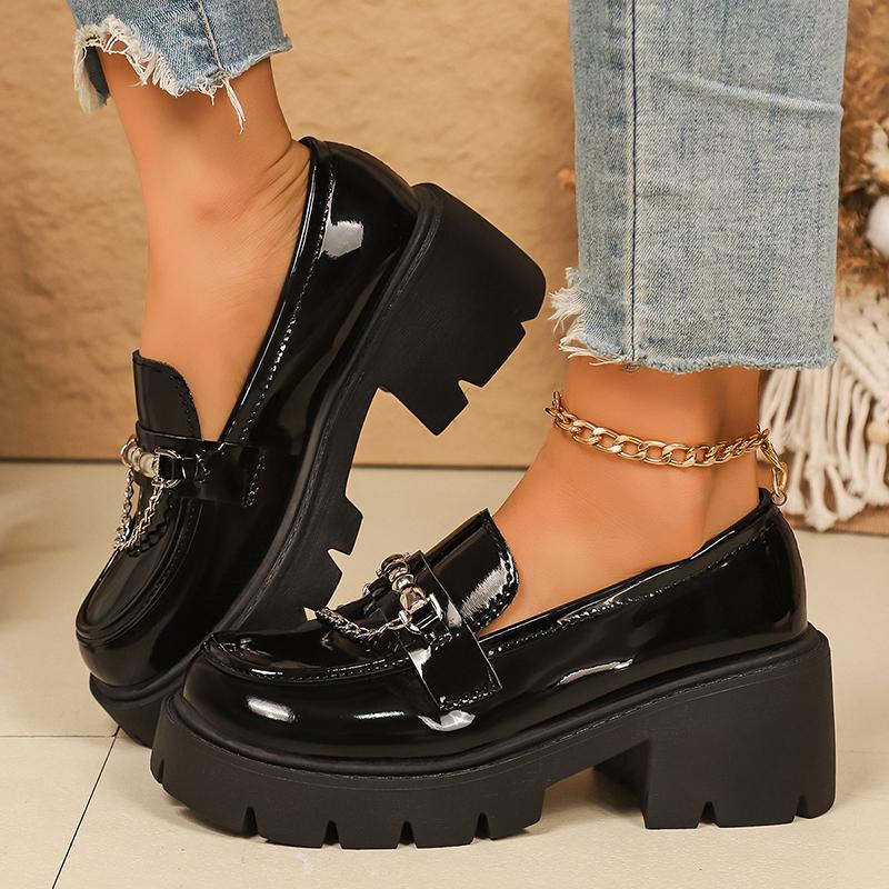 Fashion Women's Chain Decor Platform Loafers Fashion Preppy Style Patent Leather Dress Shoes Woman Comfortable Slip On Chunky Heel Pumps