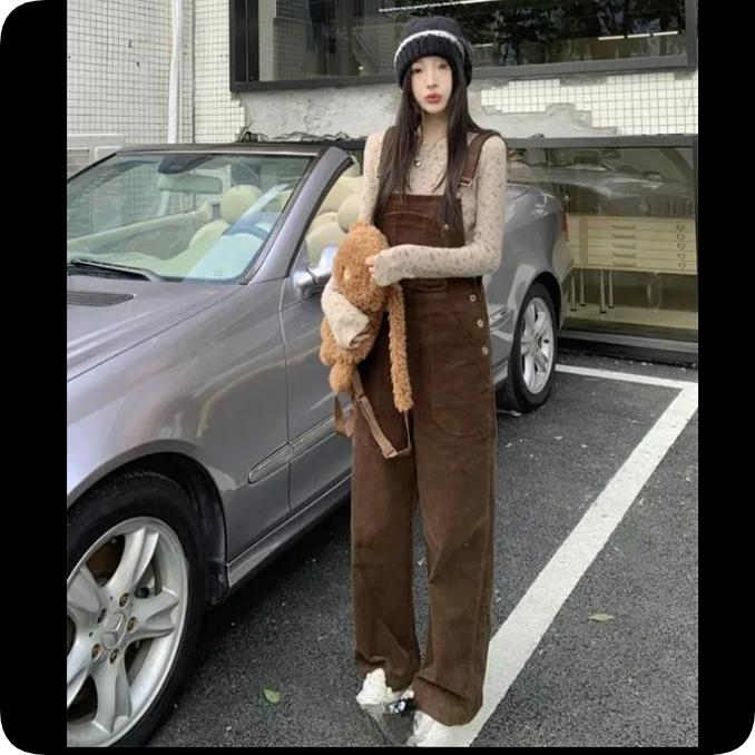 Retro Corduroy Overalls Female Students Loose Autumn Casual One-piece Wide-leg Pants