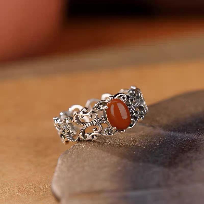 Women's Hollowed-Out Nan Hong Floral Ruyi Ring - Ethnic Style, Adjustable, Fashionable, Versatile.