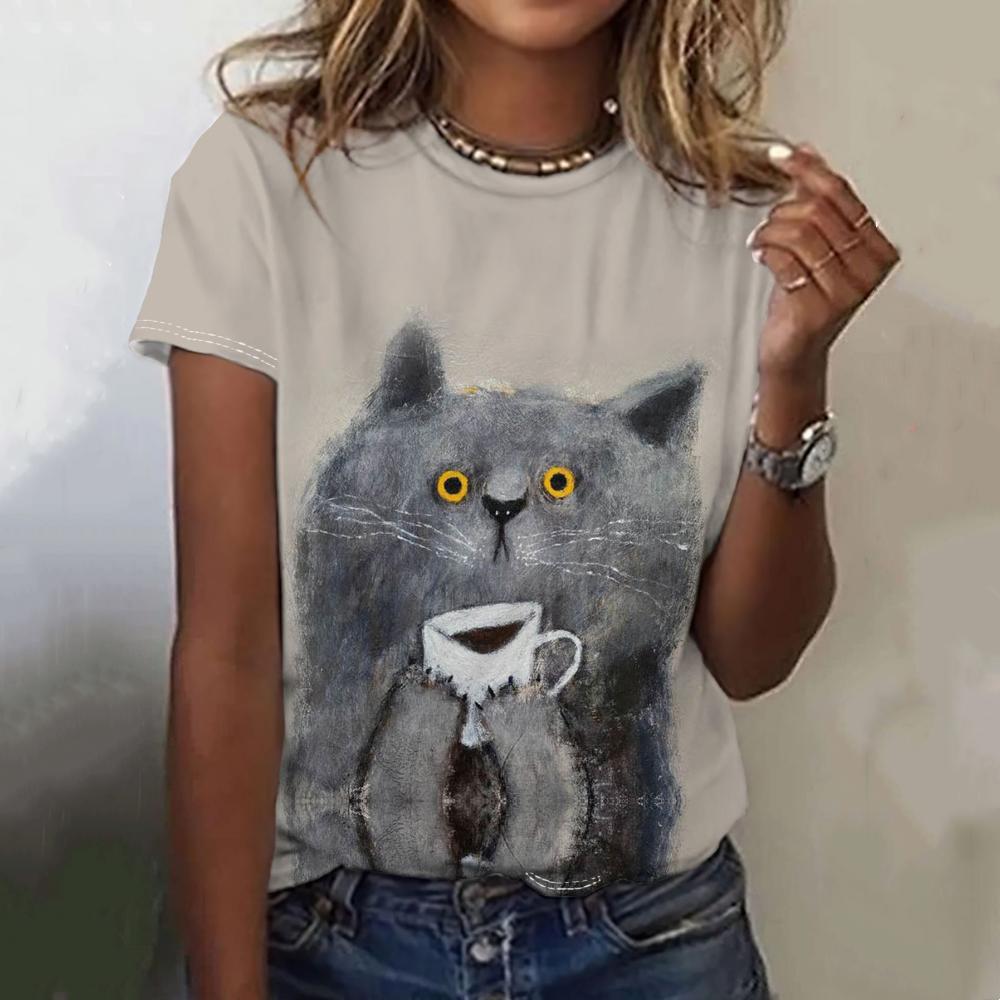 Summer Round Neck 3D Cat Pattern Animal Print Top Fashionable Casual Cute Short Sleeved Women's T-shirts