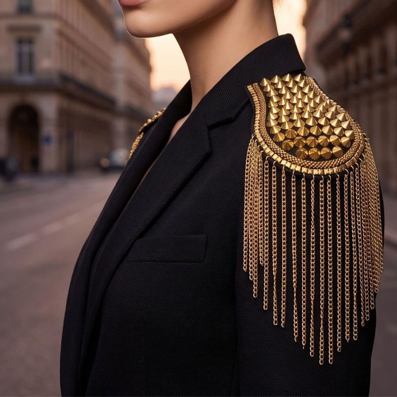 Sew-On Epaulette Shoulder Bar Accessory with Rivet Studs and Layered Metal Chain for Punk Theme Clothing Enhancement