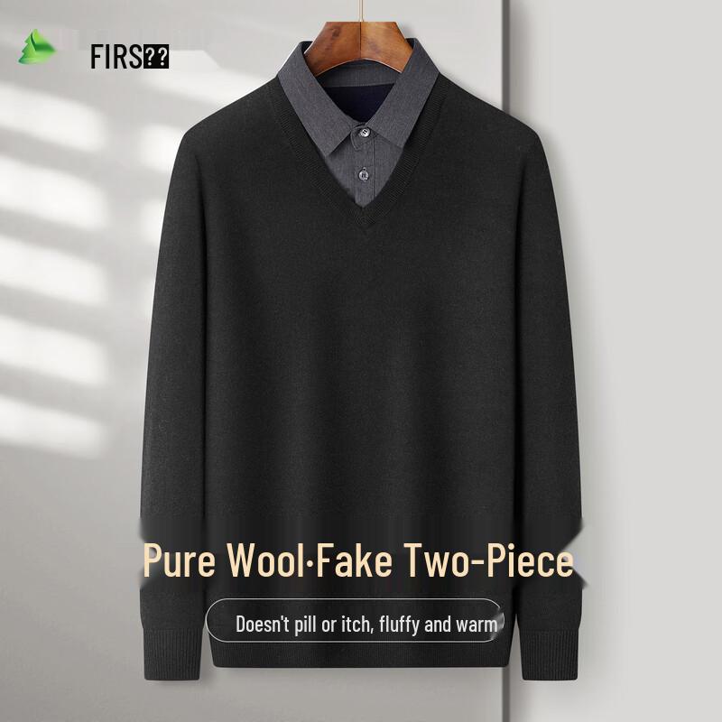 FIRS Men's Faux Two-Piece V-Neck 100% Wool Sweater
