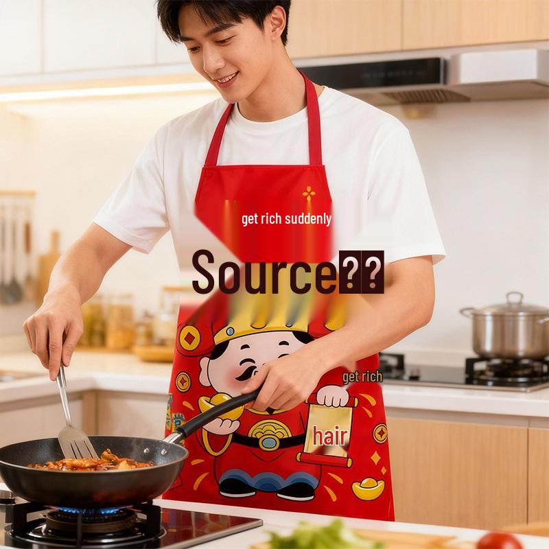 Festive God of Wealth Stain-Proof Kitchen Apron – Welcoming Wealth & Treasures in Polyester