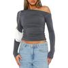 Women's Blouse Spring and Autumn Slant Shoulder Asymmetric Solid Colour Navel Blouse Long-sleeved Sexy Slim Temperament T-shirt