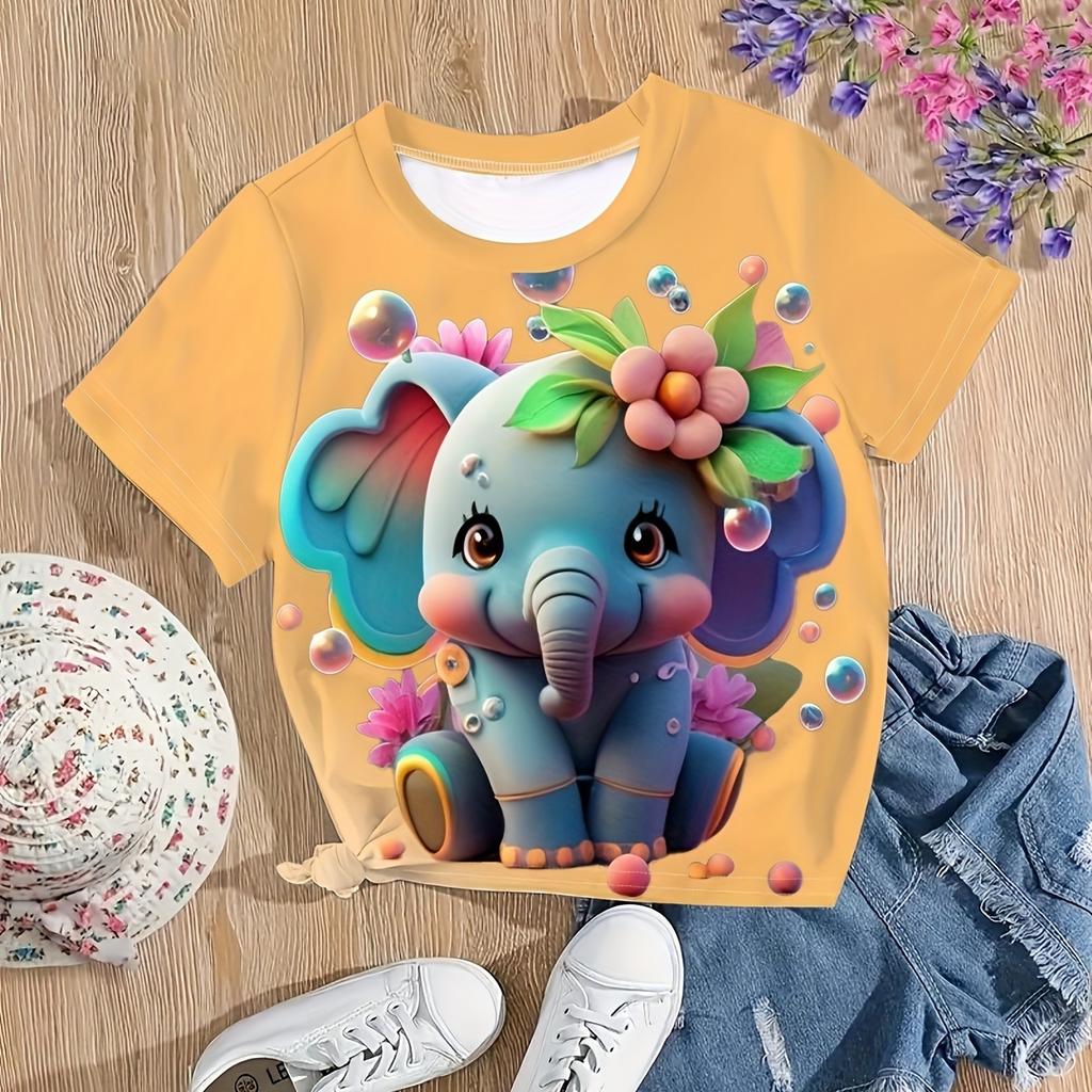 Tricou cu mânecă scurtă cu imprimeu flori elefanți 3D tricouri fete pentru cadou de vară
