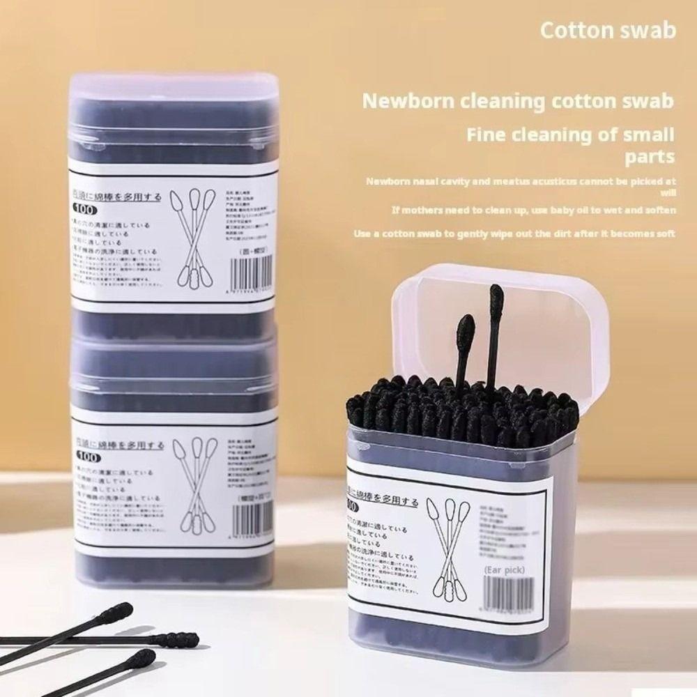 100Pcs New Black Disposable Cotton Swabs Double-Headed Soft Ear Cleaner Spiral Shape Q-Tip Beauty Skin Care Tools