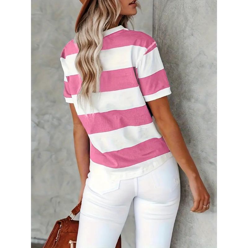 Short Sleeve Striped T-Shirt, Crew Neck Casual Top For Summer & Spring, Women's Clothing