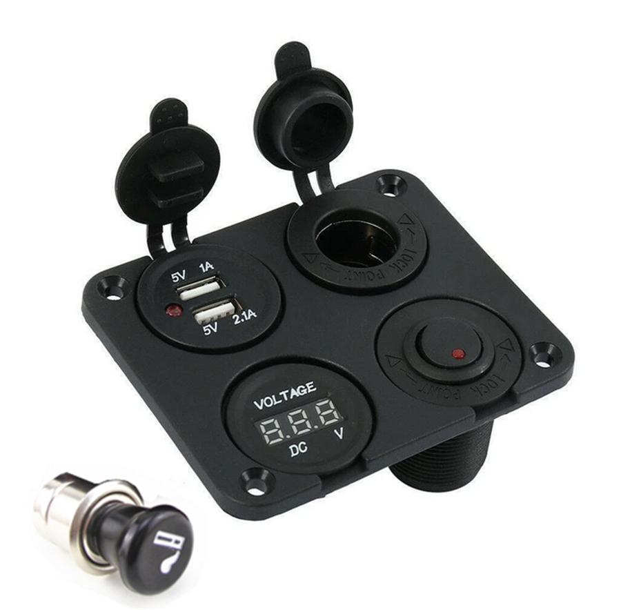 12V-24V Car Boat Dual USB Charger Switch Voltmeter Cigarette Lighter Sockets Kit