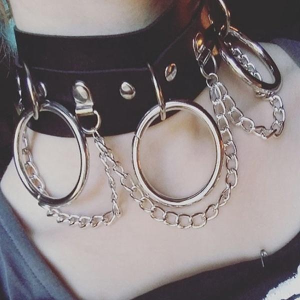 Women'S Fashion Punk Street Snap Nightclub Pu Leather Choker Metal Ring Chain Necklace Collar Rivets Goth Belt Adjustable Buckle Neck Accessories
