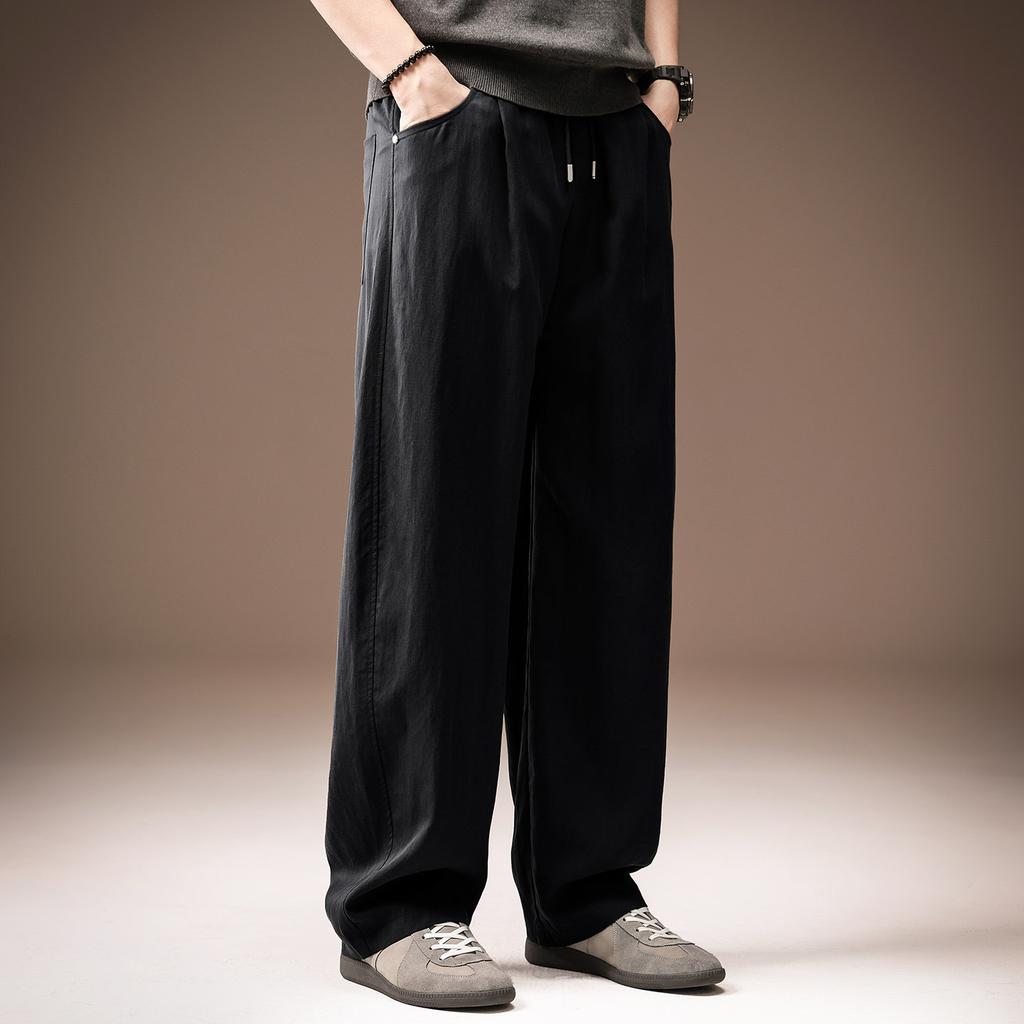 High-end American old money style% Lyocell cool casual pants men's summer thin loose straight wide-leg trousers