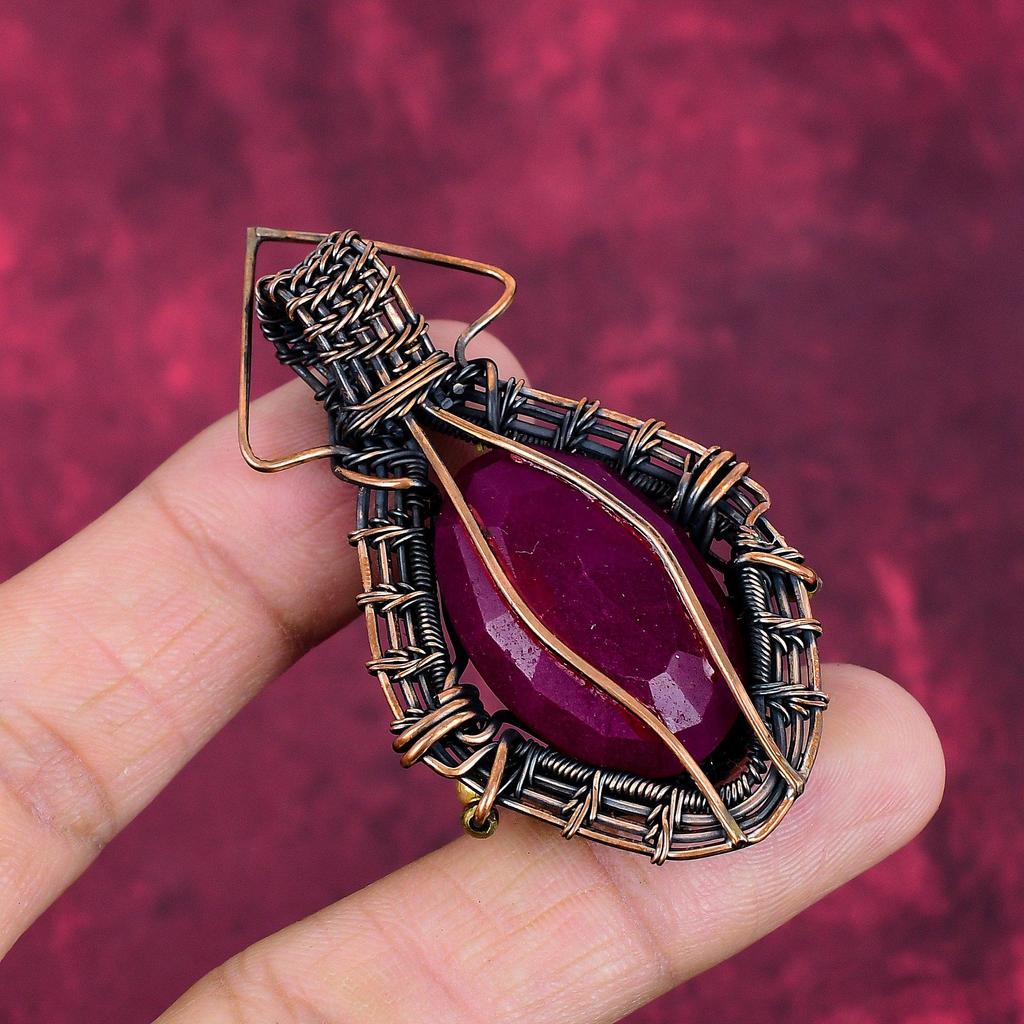 Faceted Kashmir Ruby Pendant Dainty Gemstone Pendant Copper Wire Wrapped Jewelry
