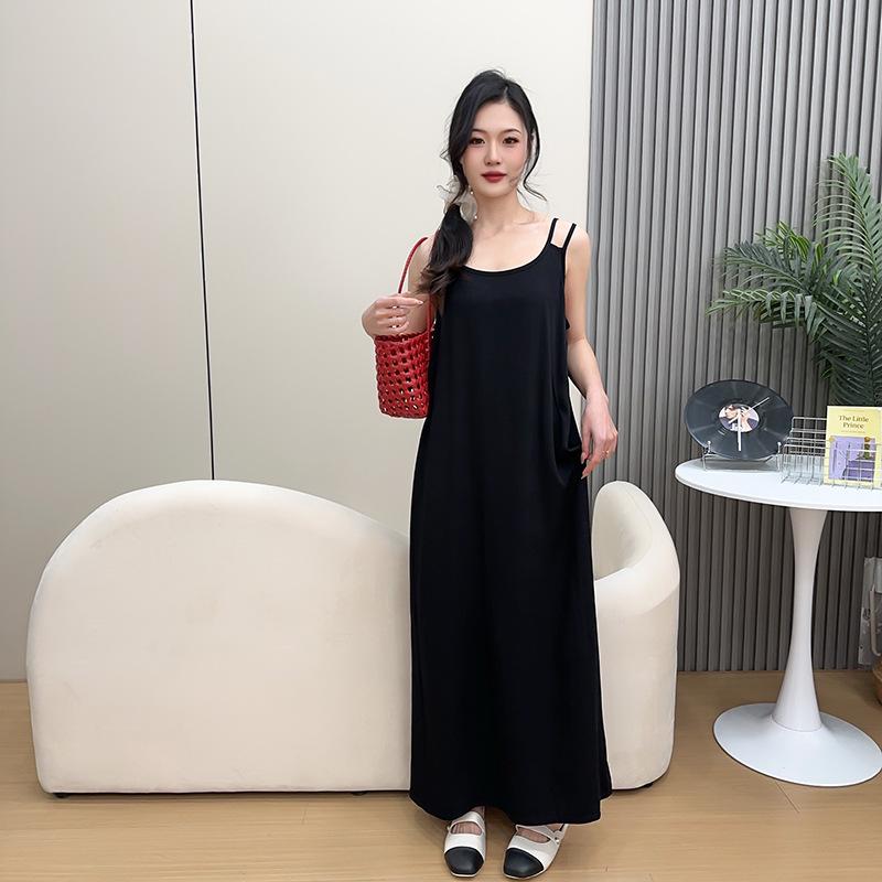 

Женское летнее платье из хлопка и шелка свободного кроя большого размера: Однотонная вискозная пижама, облегающая домашняя одежда и верхняя одежда в виде платья на бретелях. One Size [90-160 kg] чёрный