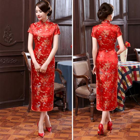 Traditional Chinese Women Long Cheongsam Bridesmaid Short Sleeve Evening Dress