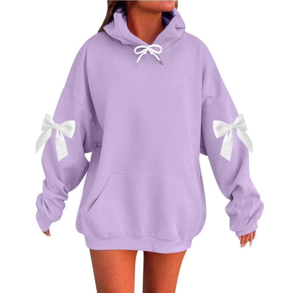 Women's Solid Color Bow Long Sleeved Loose Fitting Headband With Rope Hooded Sweatshirt Top