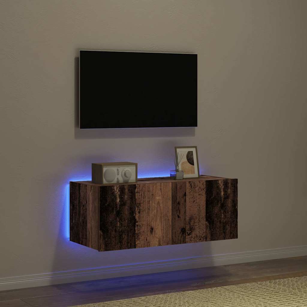 Wall Mounted TV Cabinet with LED Lighting Reclaimed Wood Look 80 x 35 x 31 cm Engineered Wood