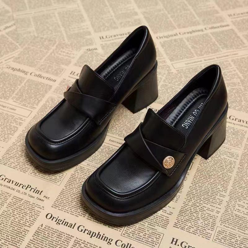 Women'S Fashion Thick Heel Single Boots Fall New Square Head Deep Mouth Metal Buckle Anti-Slip Wear-Resistant Low-Top Shoes