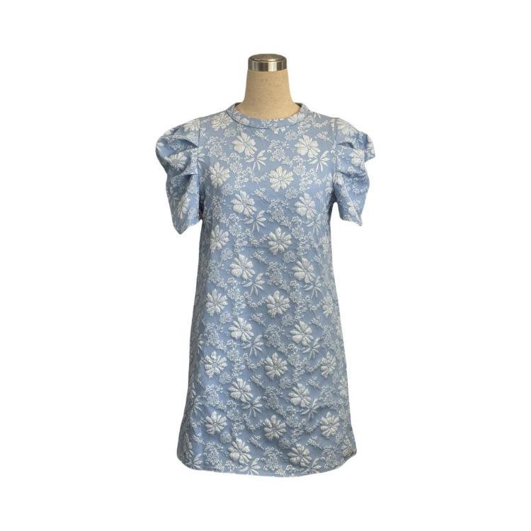 Textured Jacquard Women New Style Summer Vintage Dresses Round Neck Bubble Sleeve