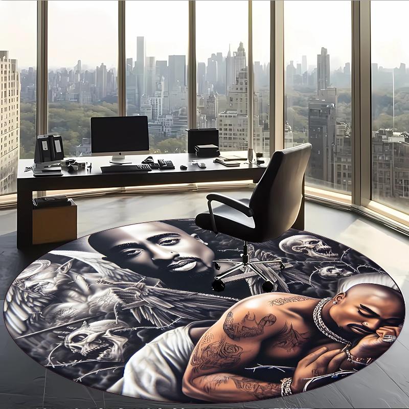 Tupac (16) Round Office Rug Decorative Floor Rug for Office Bedroom Living Room and Home Space