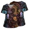 Women V Neck Short Sleeve Scrub Top with Pockets Side Slit Halloween Print Floral Pattern Nurse Uniform Shirt