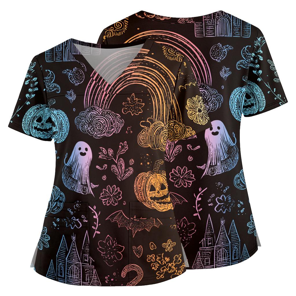Women V Neck Short Sleeve Scrub Top with Pockets Side Slit Halloween Print Floral Pattern Nurse Uniform Shirt