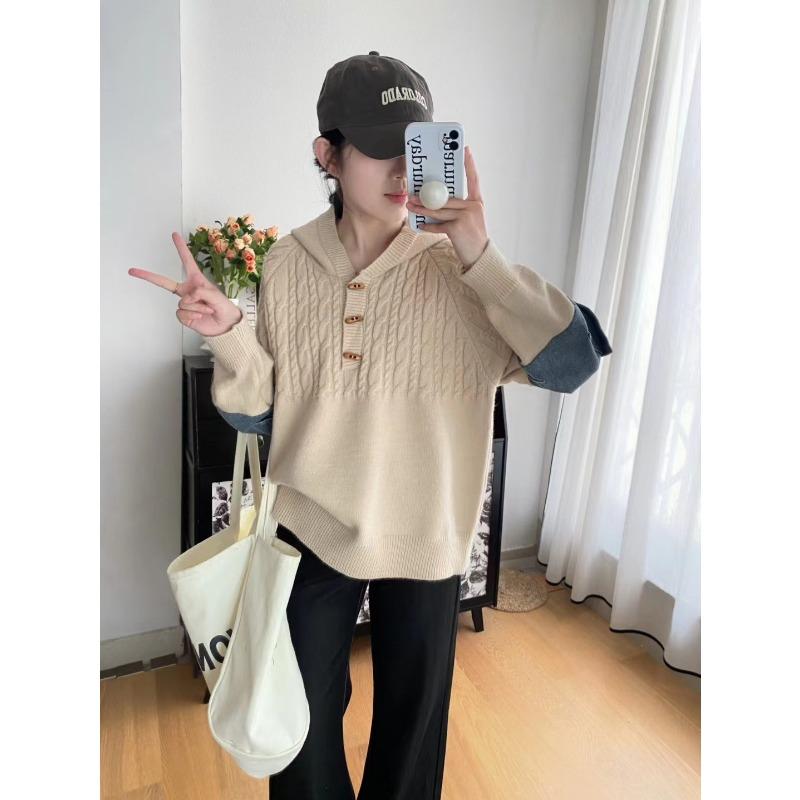 Retro hooded twist splicing denim knitted sweater top autumn new loose design sweater pullover woman