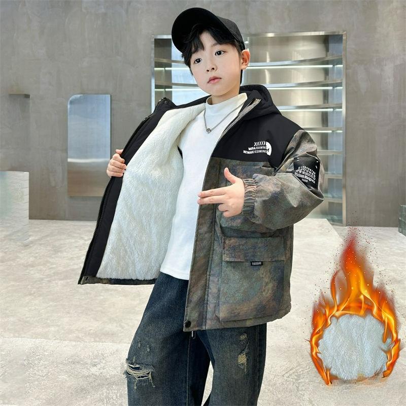 

Мальчики Плюс Бархатная Куртка Осень и Зимняя Одежда Мальчики Рабочая Утолщенная Парка Одежда Жареная Уличная Толстовка Зимняя Одежда Хлопковая Одежда 110 чёрный