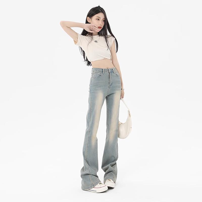 Mist Blue Women's 2024 Slim-Fit Micro-Flared Jeans – Retro Petite for Spring & Autumn