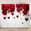 2PC Red Rose Glitter Heart Sheer Curtains - Romantic Valentine's Themed Print Window Drapes for Bedroom Living Room Decor