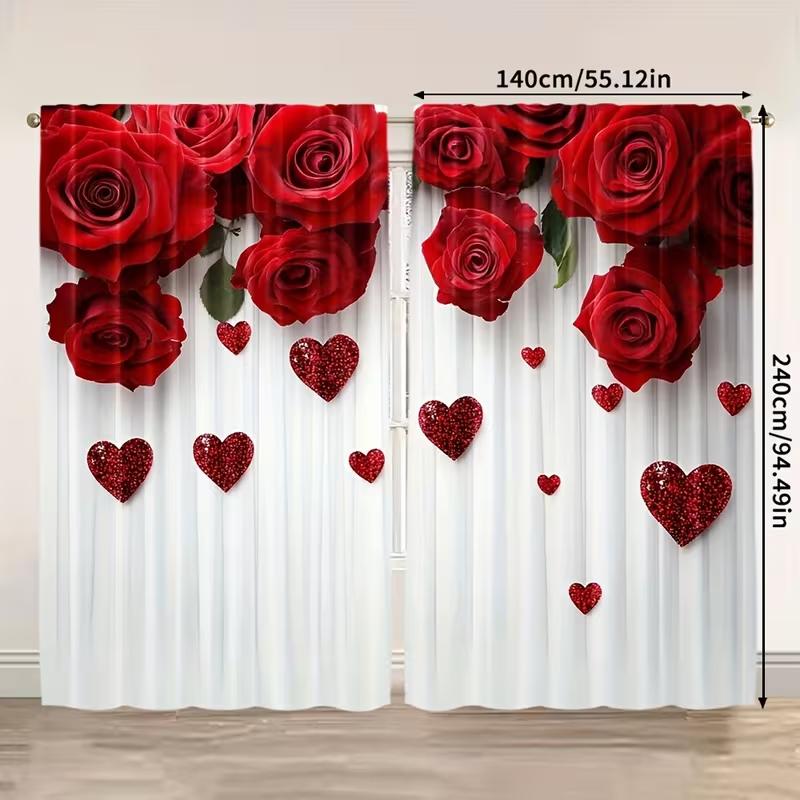 2PC Red Rose Glitter Heart Sheer Curtains - Romantic Valentine's Themed Print Window Drapes for Bedroom Living Room Decor