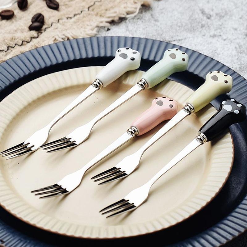 Cute Cartoon Cat Paw Fruit Fork Food Grade Stainless Steel Edges Mirror Polished Portable Tableware Fork For Adults Kids School