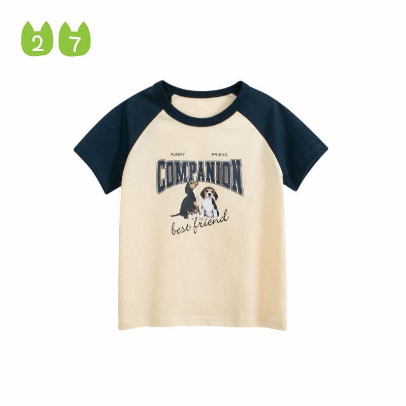 27kids Boy's Short-Sleeved T-shirt Children's Summer Clothing Children's Half Sleeve Raglan Sleeve 100% Cotton Coat Men's Color Matching Clothes