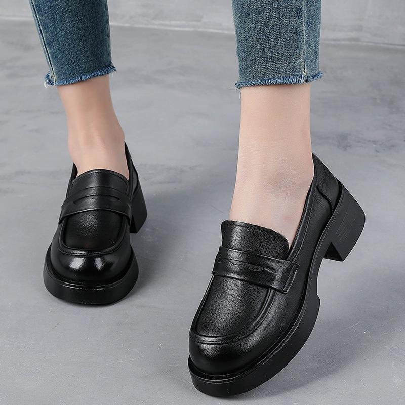 First Layer Cowhide High Heels Women's Retro Leather Shoes Muffin Heel Small Leather Shoes Genuine Leather Women's Shoes