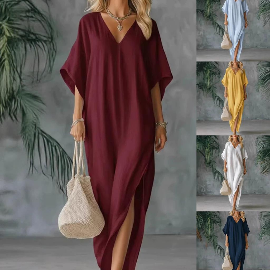 Long Sleeve V-Neck Flowy Maxi Dress with Side Slit In Multiple Colors