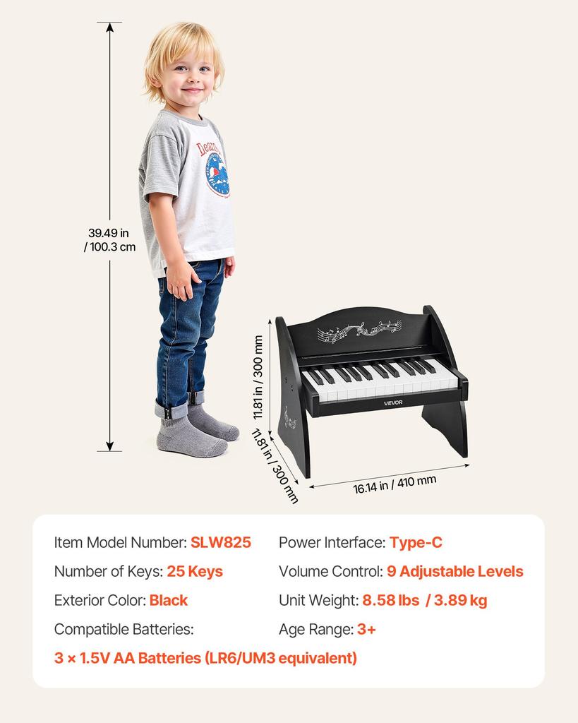 VEVOR Kids Piano Keyboard, 25 Keys Wooden Digital Piano for Kids, Mini Music Educational Instrument Toy with Realistic Sound, Dual Power