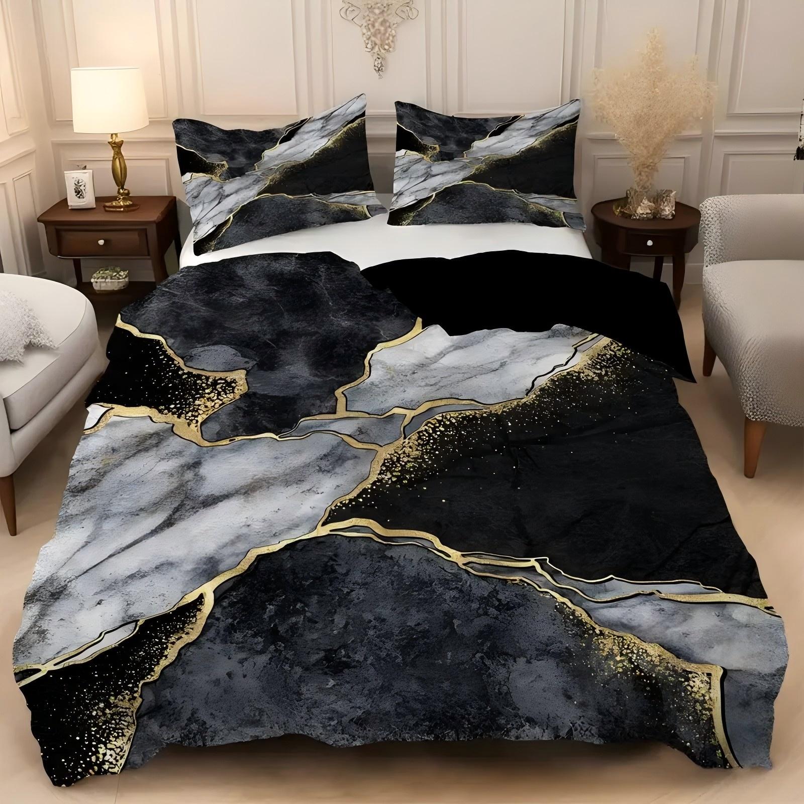

Black Gold Marble Pattern 3D Printed Duvet Cover Set Fashion Art Luxury Quilt Cover Set Soft Comfortable Bedding Set Pillowcases 135x200cm 2pcs