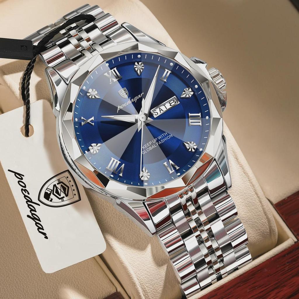 POEDAGAR Luxury Fashion Man Clock Top Business Waterproof Luminous Date Week Men's Watches Quartz Stainless Steel Wristwatch