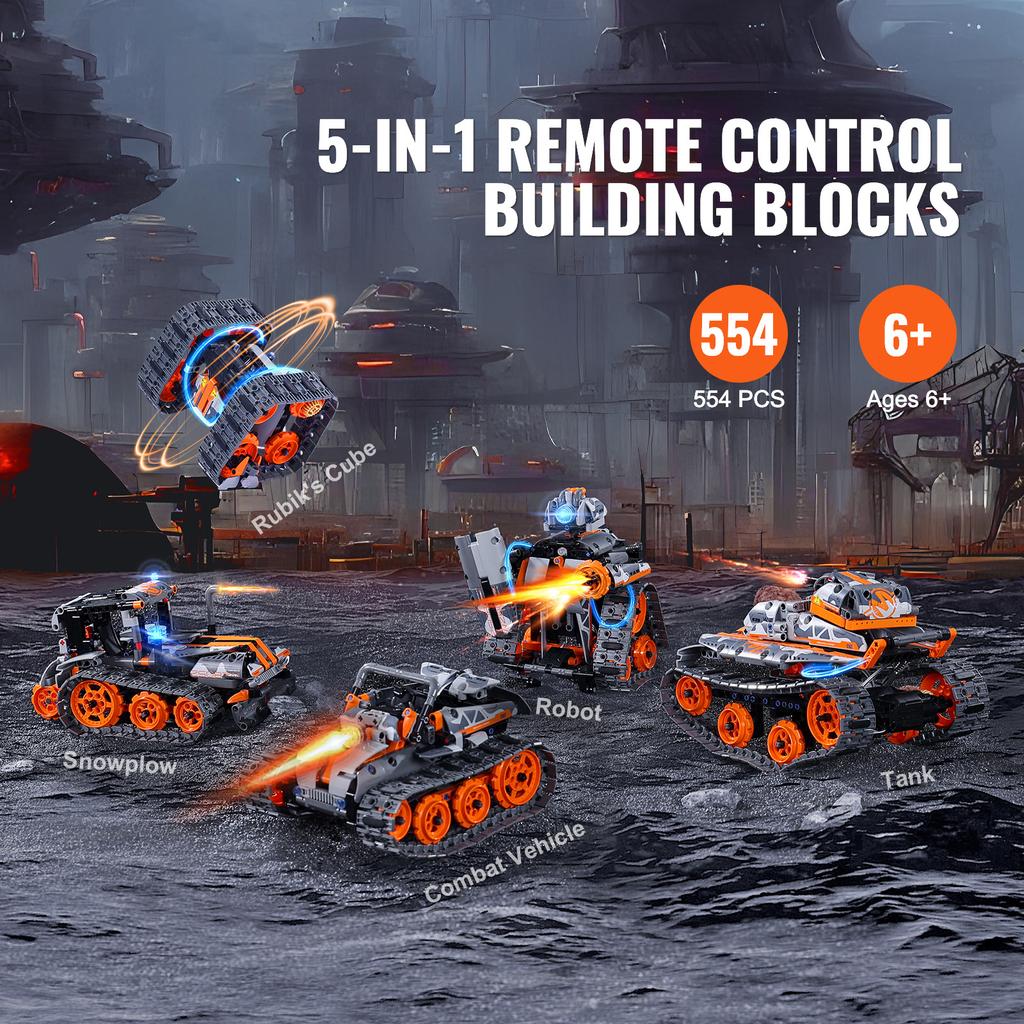 SucceBuy  5-in-1 RC Technical Car APP Controlled 554pcs Blocks STEM Toys Car/Robot/Tank/Snowplow Building Set for Kids Gifts