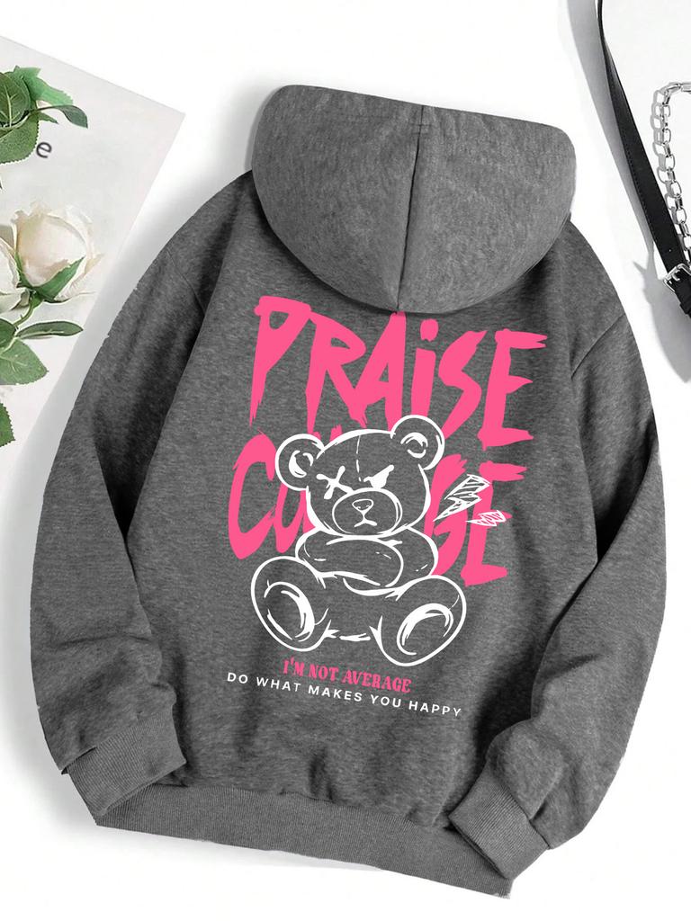 Cooler kleiner Bär Cartoon Druck Kapuzenpullover für Damenmode Warm Streetwear Persönlichkeit Herbst Neu Sweatshirt Fleece Damenbekleidung