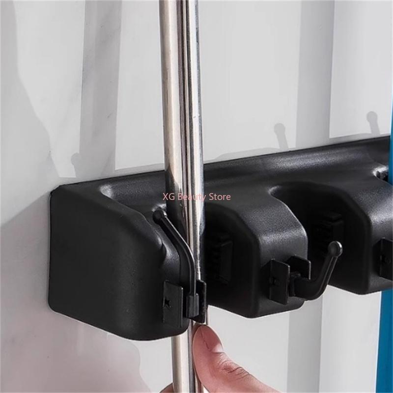 3/4/5 Position Black Multi-Function Wall Mounted Mop Holder Broom Hanger Shelf Home Kitchen Storage Magic Plastic Mop Holder