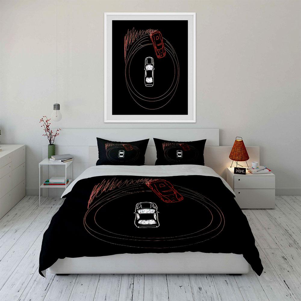 Car Drifting Illustration Set Bedding Duvet Cover Set Duvet Cover Pillowcases (1*Duvet Cover 2*Pillowcases, without duvet insert)