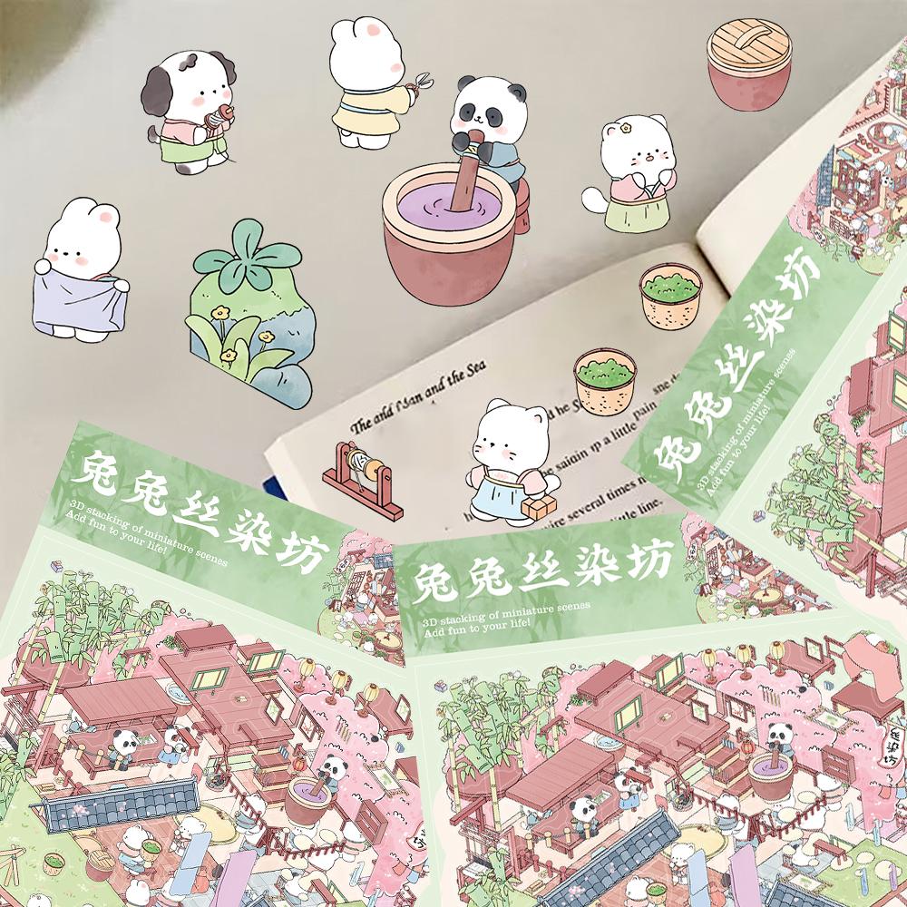 Rabbit Silk Dyeing Workshop Landscape Sticker Nostalgia Harajuku Laptop World DIY Art Stress Bicycle DIY Scene Decoration Sticke